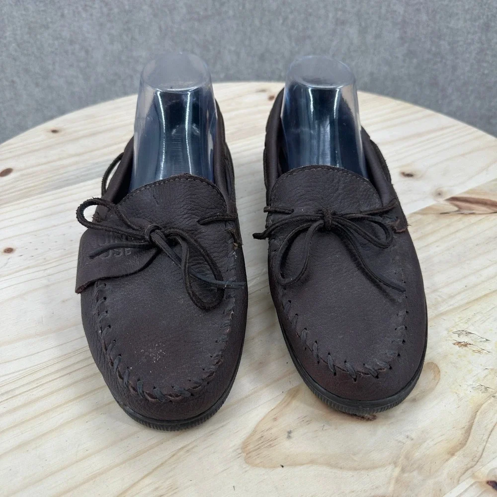 Minnetonka Moccasin Men 10 Brown Moosehide Leather Whipstitch Loafers